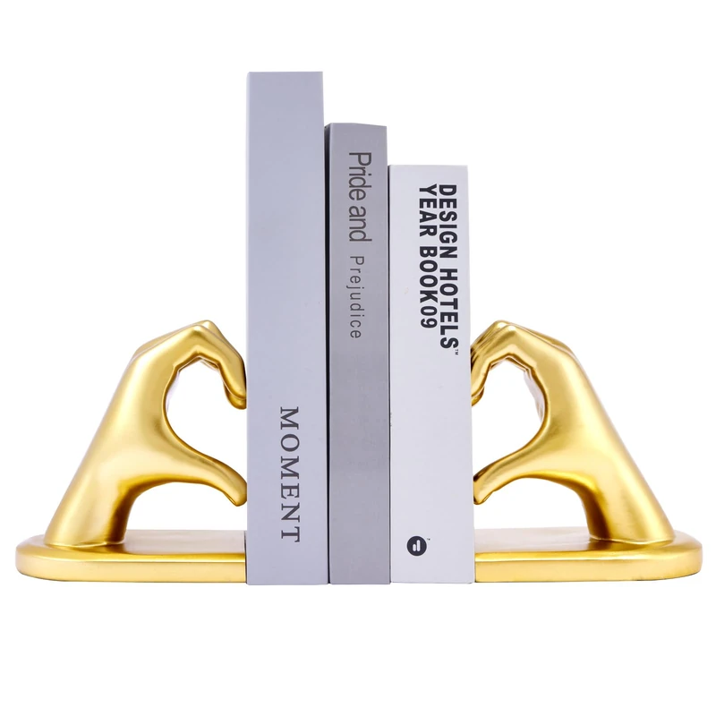 Xmeden Modern Gold Heart Design Bookends, 2 Pack, Resin, 10.43 x 3.93 x 5.51 inches
