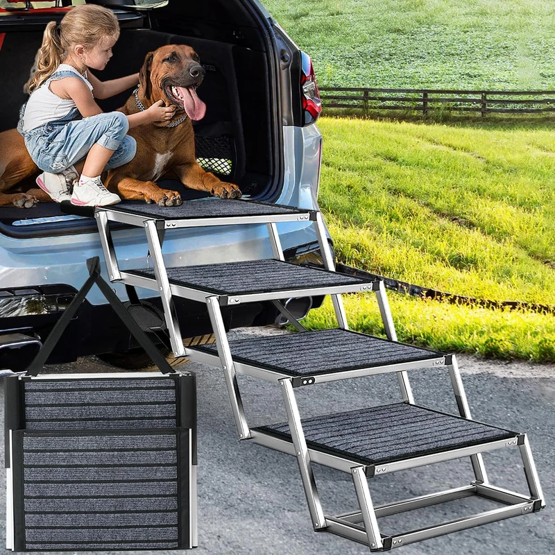 Extra Wide 20" Foldable Dog Ramps for Large Dogs, Portable Aluminum Pet Ramp with Non-Slip Rug Surface, Lightweight Dog Steps for M & L Dogs Up to 250LBS, 4 Steps Get Into a Car, SUV & Truck