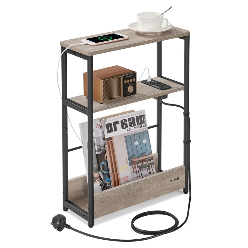 VASAGLE Slim Side Table with Charging Station, 3-Tier Narrow Bedside Table, End Table for Small Spaces, Magazine Rack, for Living Room, Bedroom, Study, Heather Greige and Ink Black LET335K06