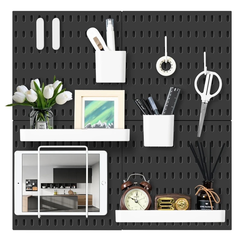 VUSIGN Pegboard Combination Wall Organizer Kit, 4 Pieces Pegboards and 17 Accessories Modular Hanging, Wall Mount Display Peg Board Panel Kits for Bedroom, Home, Office, Bathroom, 22" x 22", Black