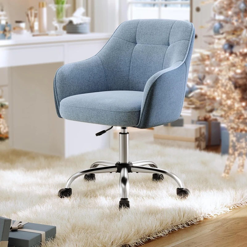SONGMICS Office Chair, Swivel Chair, Desk Chair, Makeup Vanity Chair, Adjustable Height, Armrests, 110 kg Load, Cotton-Linen Fabric, Home Office, Study, Bedroom, Misty Blue OBG019Q11