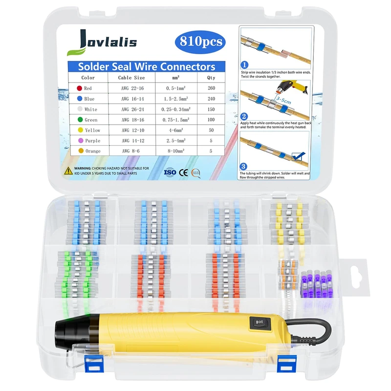 810PCS Solder Seal Wire Connectors with Heat Gun, Self Soldering Heat Shrink Butt Connector, Waterproof Insulated Electrical Terminals | Ideal for Marine, Automotive, Boat, and Truck Wiring