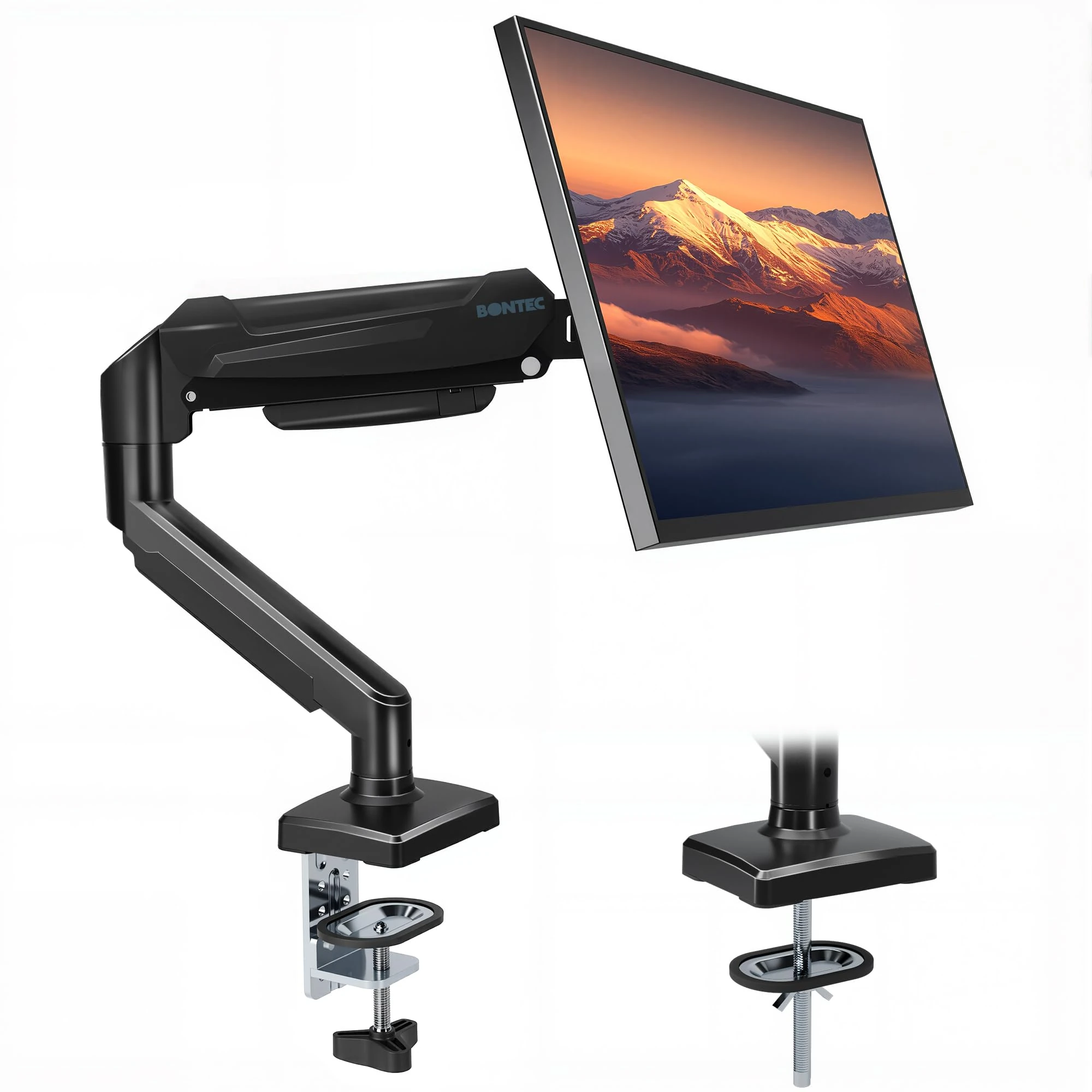 BONTEC Single Arm Monitor Desk Mount for 13-32 inch Screen, Tilt, Swivel, Rotation, Ergonomic Gas Spring Monitor Stand with Cable Management, VESA 75/100mm