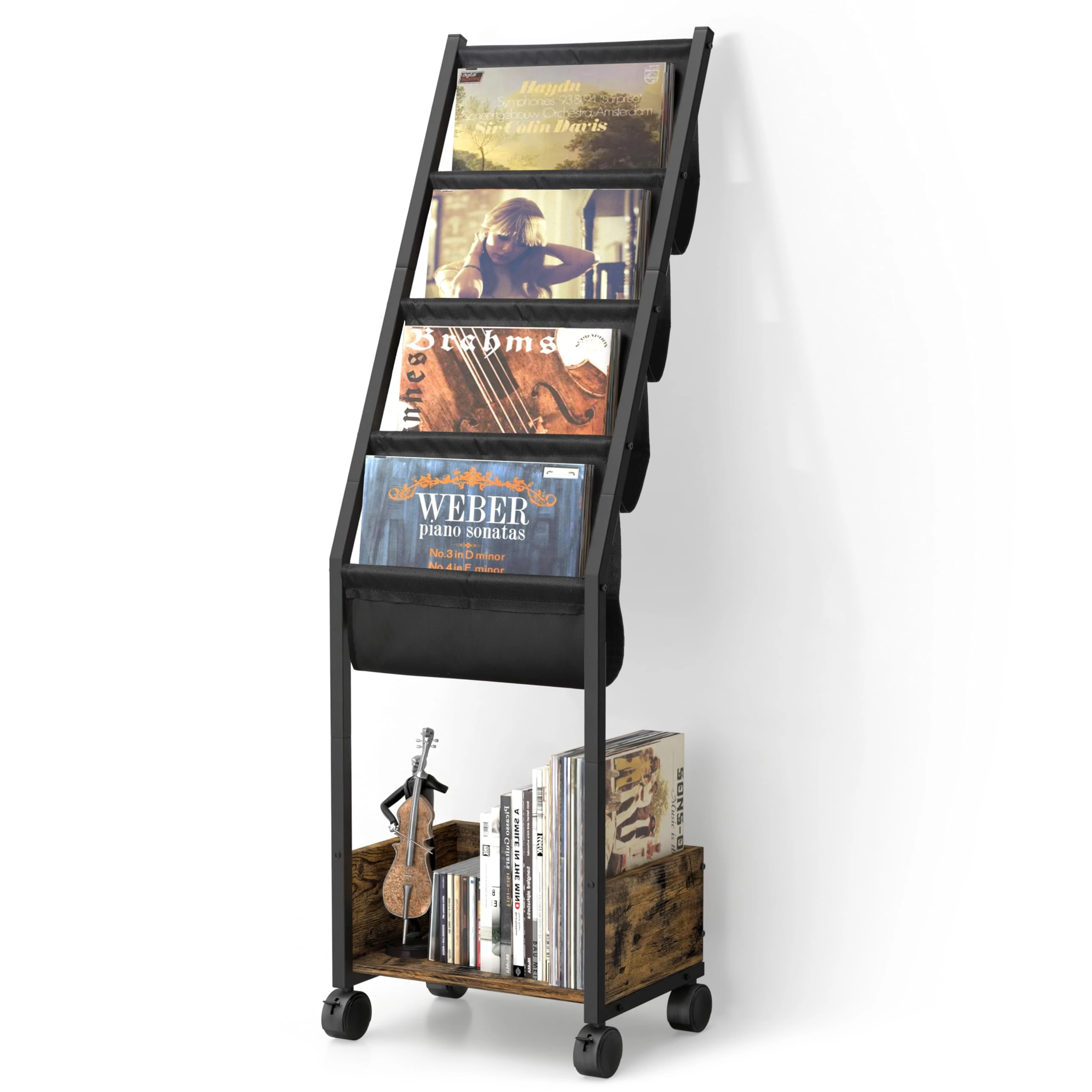 Bikoney Vinyl Record Player Stand with Storage Holds Up to 100 Albums, 4-Tier Movable Record Cabinet with Display Shelves Vinyl Holder for Turntable, LPs, Books and Magazines