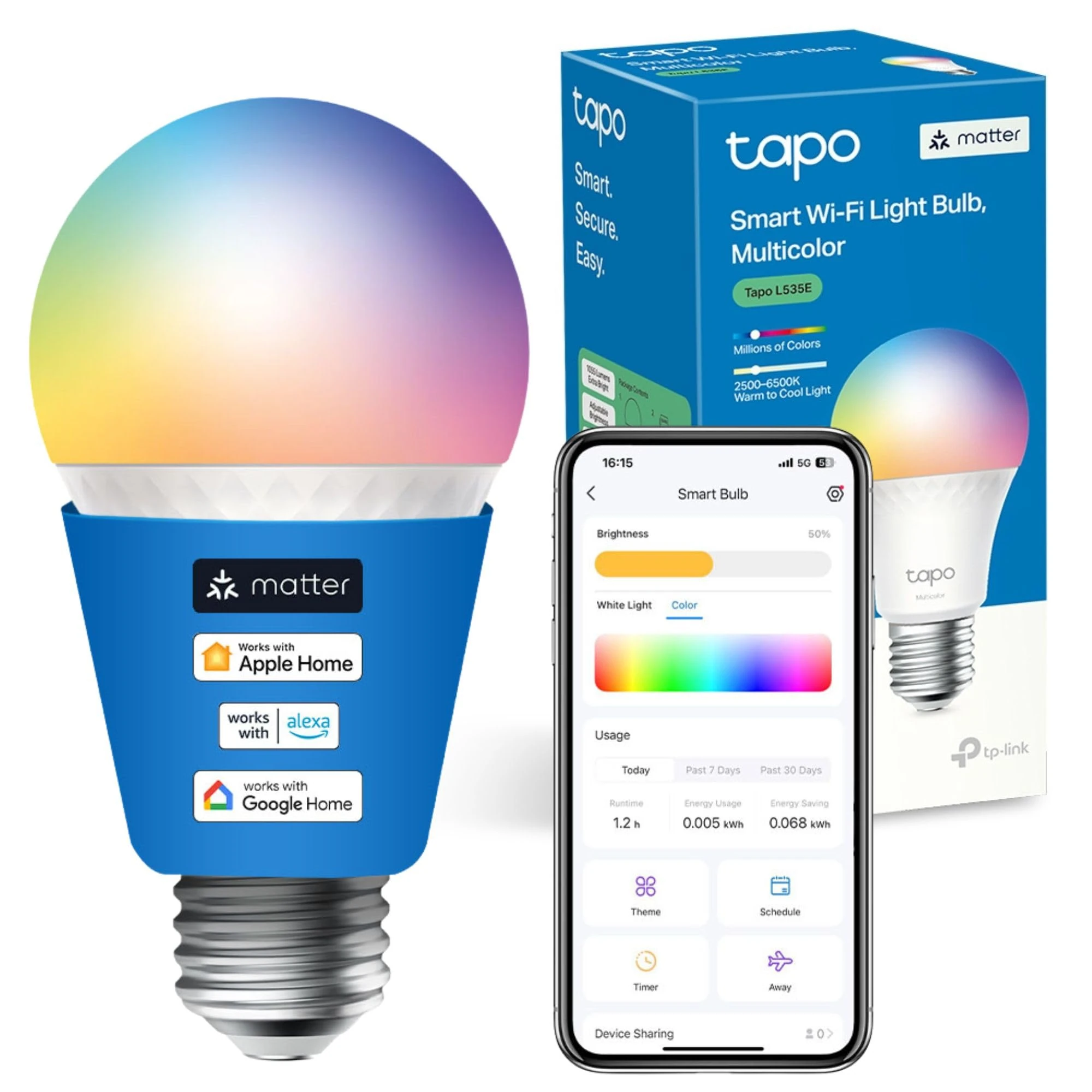Tapo L535E E27 Smart Bulb, Alexa Light Bulb, Matter-Certified, Multicolour, 8.6W (75W), Auto Schedule and Timer, Away Mode, Dimmable, Energy Monitoring, Voice Control Via Alexa and Google Assistant