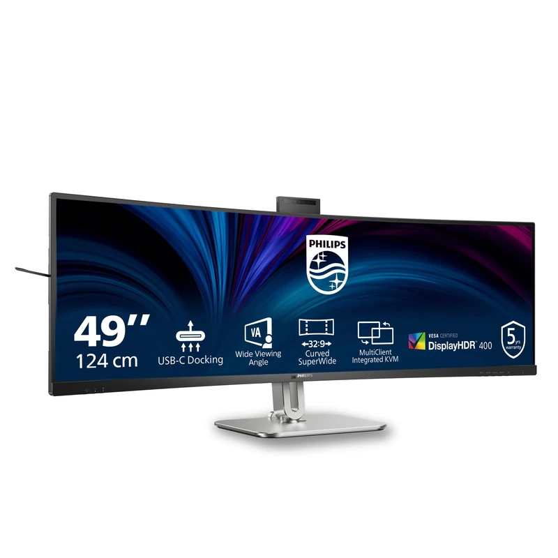 Philips 49B2U5900CH - 49 Inch QHD Curved Monitor, 75Hz, VA, 4ms, HDR400, KVM, WebCam, Height Adjust, USB-C Docking, Speakers (5120 x 1440, HDMI 2.0 / DP 1.4 / USB-C 100w)