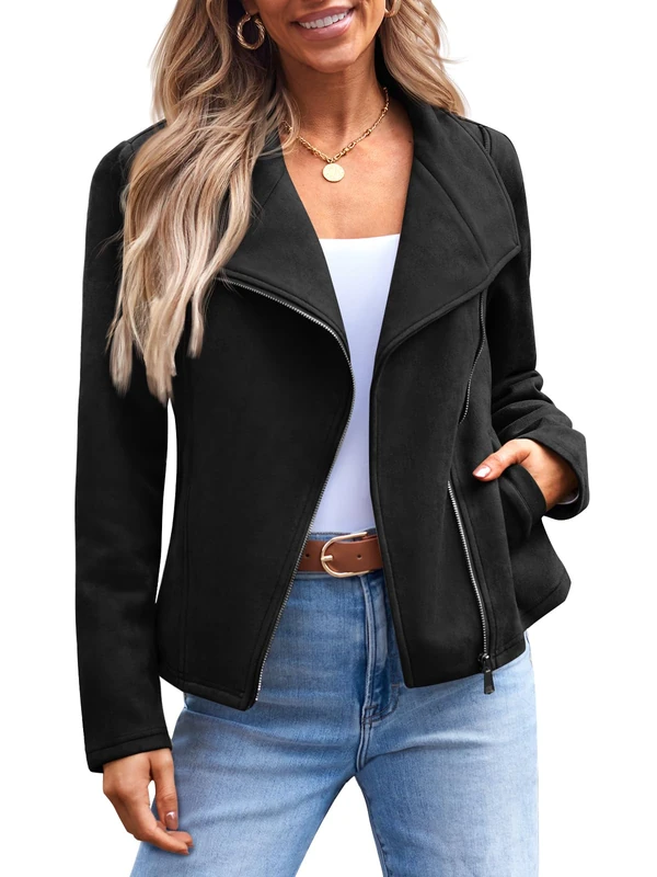 AUTOMET Womens Faux Leather Jackets Suede Fall Fashion 2023 Outfits Winter Clothes Open Front Cropped Coat Outwear, Black, Large