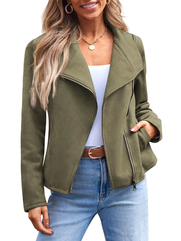 AUTOMET Womens Faux Leather Jackets Suede Fall Fashion 2025 Outfits Winter Clothes Open Front Cropped Coat Outwear, Armygreen, S