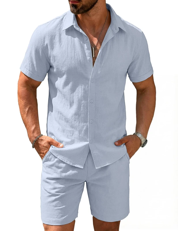 COOFANDY Men's 2 Pieces Cotton Linen Set Short Sleeve Button Down Shirts Summer Beach Shorts Casual Outfits, Light Blue, Medium - Image 1