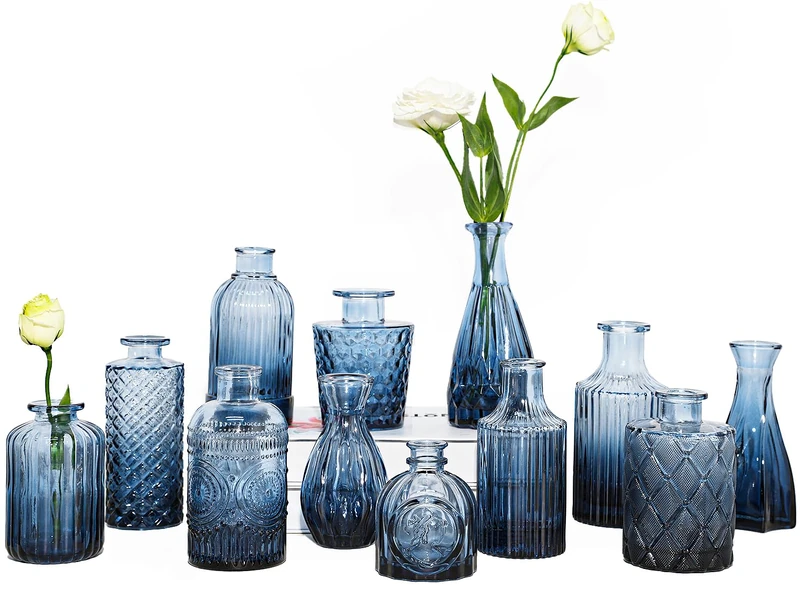 TBWIND 12pcs Glass Bud Vases Set, Small Vases for Flowers, Blue Bud Vase for Centerpieces in Bulk, Mini Vintage Vase for Rustic Wedding Decorations, Office and Home Table Flower Décor-Blue