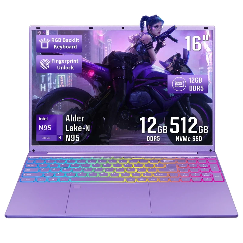 BINTEC Purple Laptop Computer,16 Inch Narrow Bezels FHD IPS Display,Celeron N95 Up to 3.4Ghz，12GB DDR5，Windows 11 Laptop with Quad-Core，Color Backlit KB/Fingerprint Unlock/USB/Bluetooth Purple/512GB