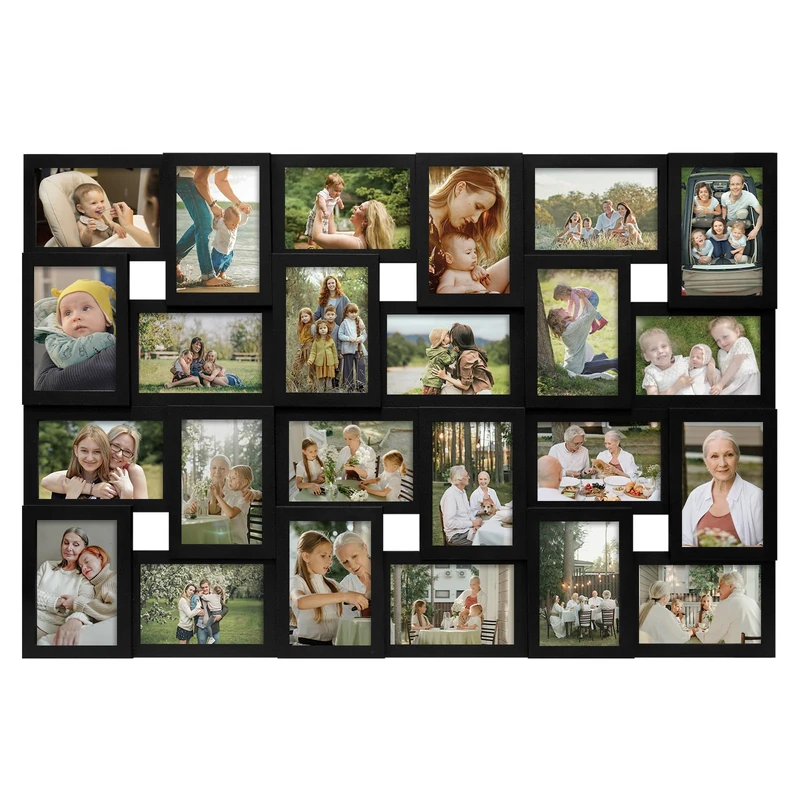 J.M.Deco Collage Picture Frames for Wall 24 Slots, Large Photo Frame Gallery Puzzle Collage Wall Hanging for 4x6 Photo, Reunion Friends Family Memory - Black - Image 1