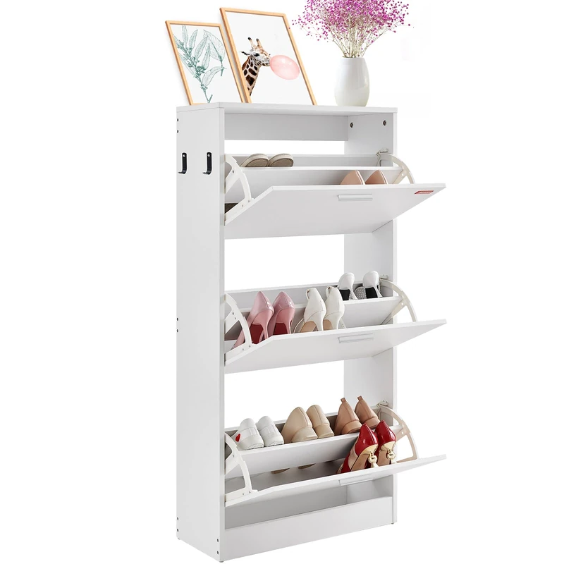 VEVOR Shoe Cabinet with 3 Flip Drawers, Shoe Storage Cabinet for Entryway, Free Standing Shoe Storage Organizer with Side Hooks for Heels, Boots, Slippers in Hallway, Living Room - Image 1