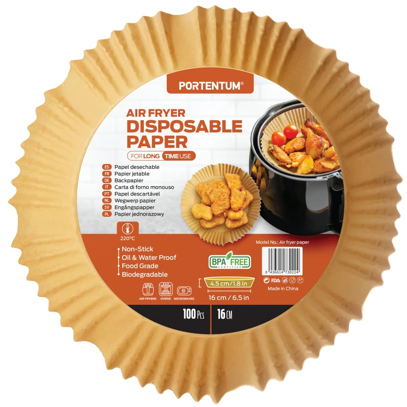 PORTENTUM Air Fryer Liners 100PCS Disposable, Unbleached and Greaseproof. Suitable from 3.5 to 6 liters. Food-Grade Use Baking Paper BPA Free, FDA, and LFGB Certified - Image 1
