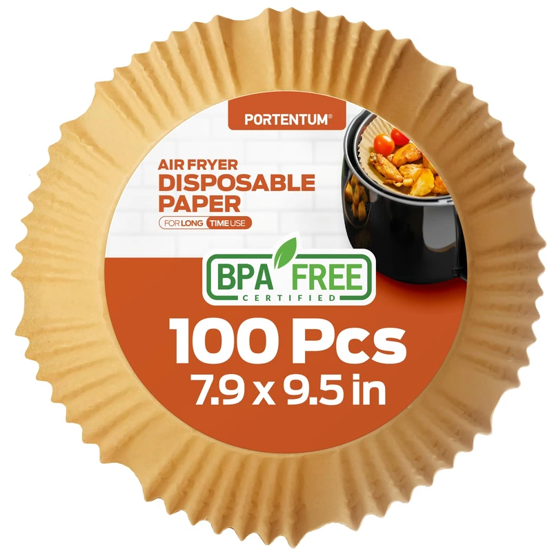 PORTENTUM Air Fryer Liners 100PCS Disposable, Unbleached and Greaseproof. Suitable from 5 to 8 liters. Food-Grade use Baking Paper BPA Free, FDA, and LFGB Certified - Image 1