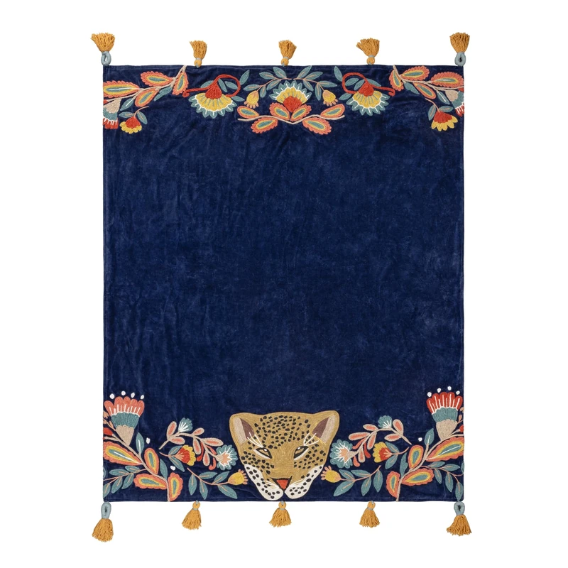 Wylder Tropics Regal Leopard Embroidered Tasselled Throw, Royal Blue - Image 1