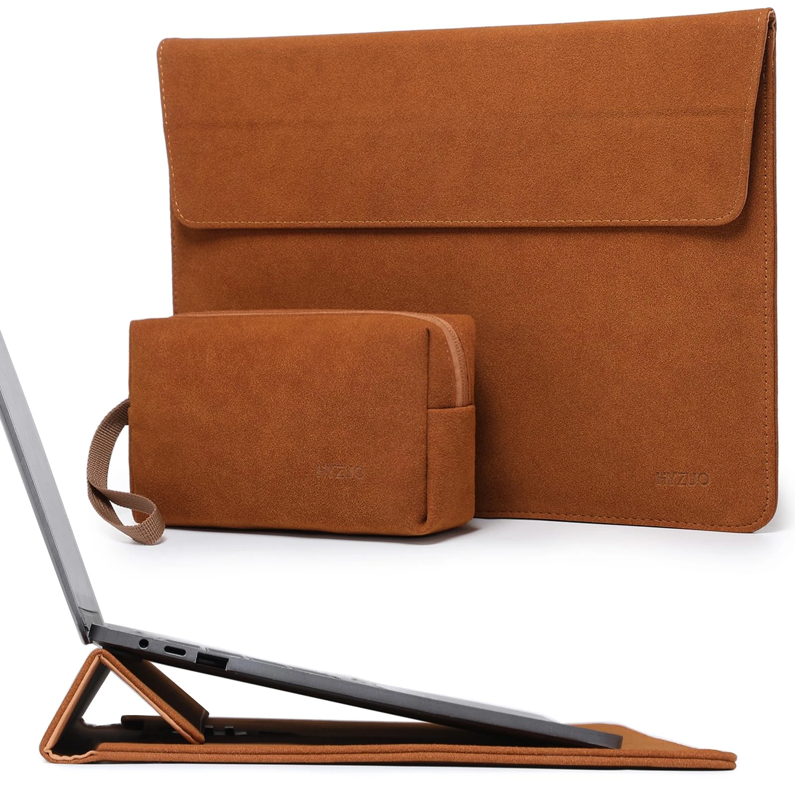 HYZUO 13.3-14 Inch Laptop Sleeve Case Bag with Adjustable Stand for MacBook Pro 14 M5/M4/M3/M2/M1 Pro/Max 2026-2021, MacBook Air/Pro 13.3, 13.8-13.5 Surface Laptop, with Pouch, Brown