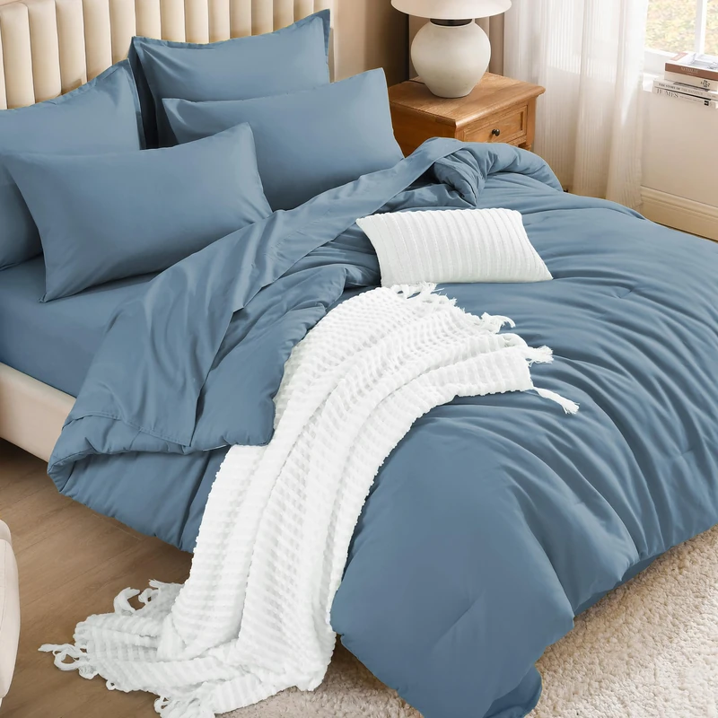 Litanika Comforter Queen Size Bedding Set Grayish Blue - 7 Pieces Bed in a Bag Queen Comforter Sets, Plain Lightweight Bed Set with Comforter, Sheets, Pillowcases & Shams
