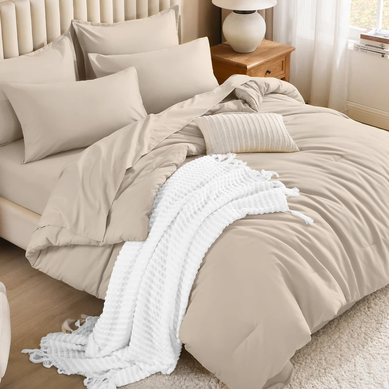 Litanika Khaki Queen Comforter Set with Sheets - 7 Pieces Bed in a Bag