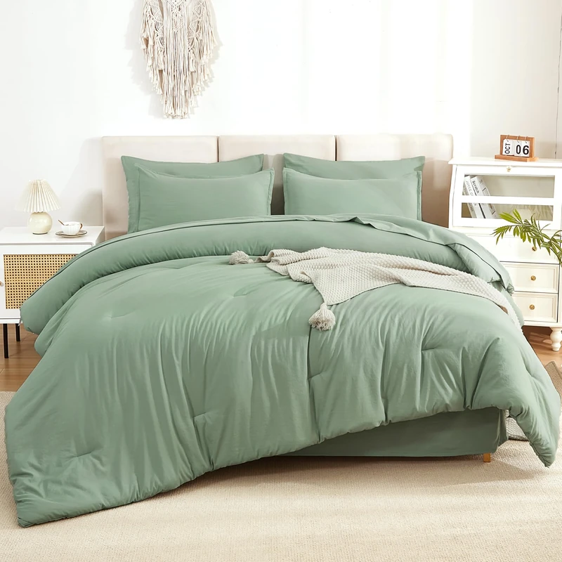 Litanika Sage Green Queen Comforter Set with Sheets - 7 Pieces Bed in a Bag