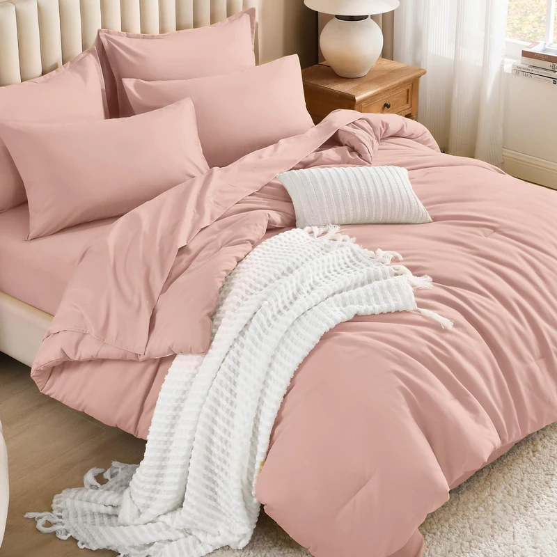 Litanika Comforter Queen Size Bedding Set Blush Pink - 7 Pieces Bed in a Bag Queen Beddding Comforter Sets, Plain Lightweight Bed Set with Comforter, Sheets, Pillowcases & Shams