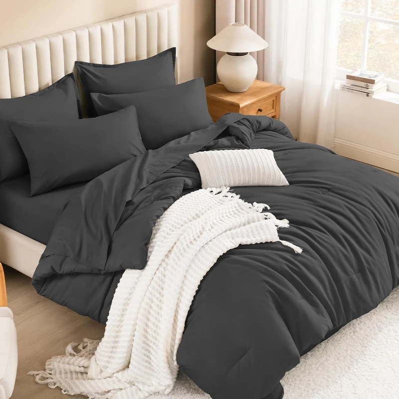 Litanika Comforter King Size Set Dark Grey - 7 Pieces Bed in a Bag Bedding Comforter Sets, Plain Lightweight Bed Set with Comforter, Sheets, Pillowcases & Shams