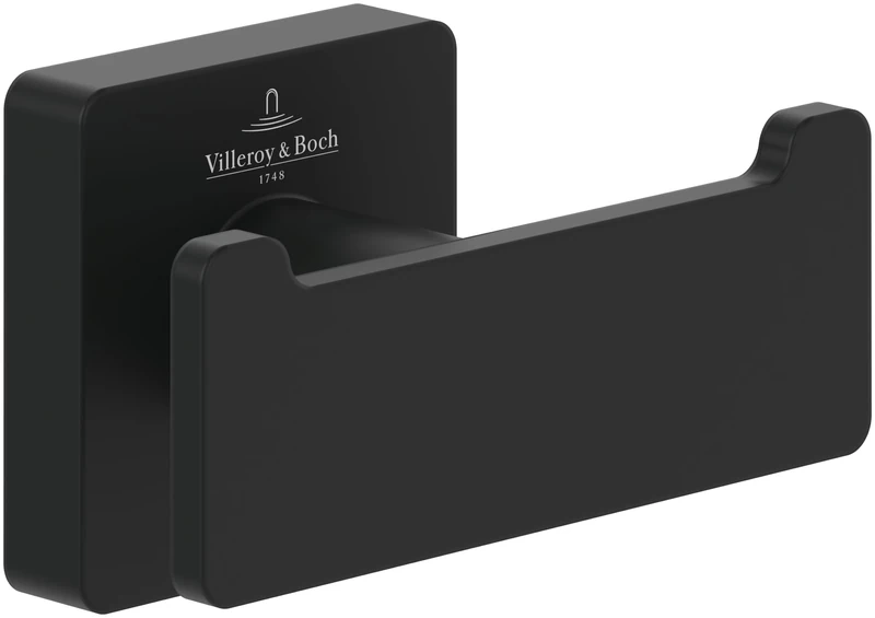 Villeroy & Boch Elements - Striking Double Towel Hook, Towel Holder for Wall Installation, Towel Hook Made from Brass, Bathroom Accessory, Square Bathroom Hook, 80 x 44 x 45 mm, Matt Black