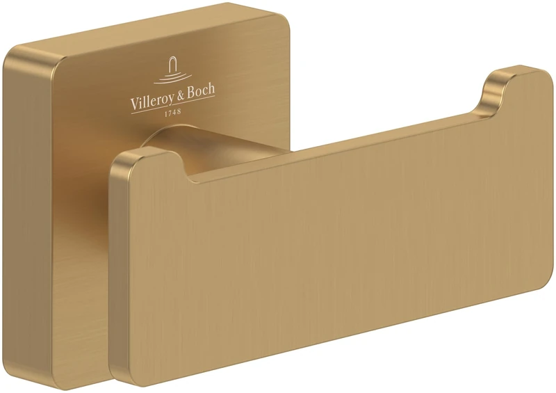 Villeroy & Boch Elements - Striking Double Towel Hook, Towel Holder for Wall Installation, Towel Hook Made from Brass, Bathroom Accessory, Square Bathroom Hook, 80 x 44 x 45 mm, Brushed Gold