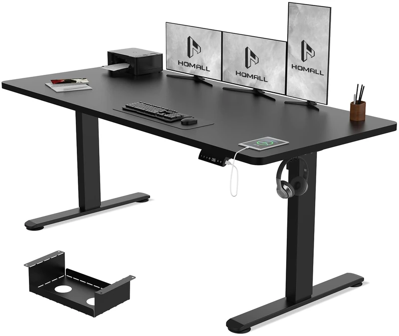 Homall 160x80cm Height Adjustable Standing Desk with USB Charging,Sit Stand with Wire Management Tray, Stand up Desk Heavy Duty Steel with 3 Memory Setting,Black - Image 1