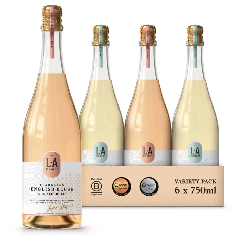 L.A Brewery | Non Alcoholic Sparkling Craft Kombucha Drink - New English Blush and Sparkling White Rose - Pack of 6 x 750ml Low Calorie Kombucha Tea - Gluten Free & Vegan Soft Drinks Brewed in the UK