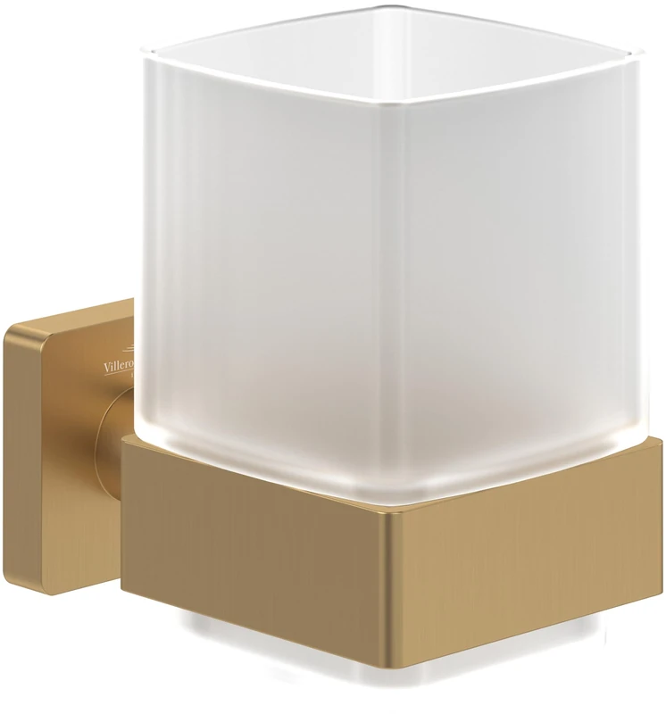 Villeroy & Boch Elements - Striking tumbler holder, toothbrush holder for wall installation, toothbrush tumbler made from satin-finished glass with brass holder, square, Brushed Gold