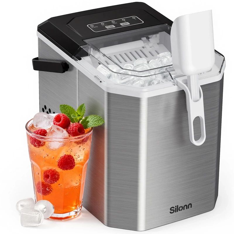 Silonn Portable Ice Maker Countertop, Self-Cleaning Ice Machine Produces 9 Ice Cubes in 6 Minutes, 12KG Daily Capacity, Ideal for Home Camping and RVs (Stainless Steel)