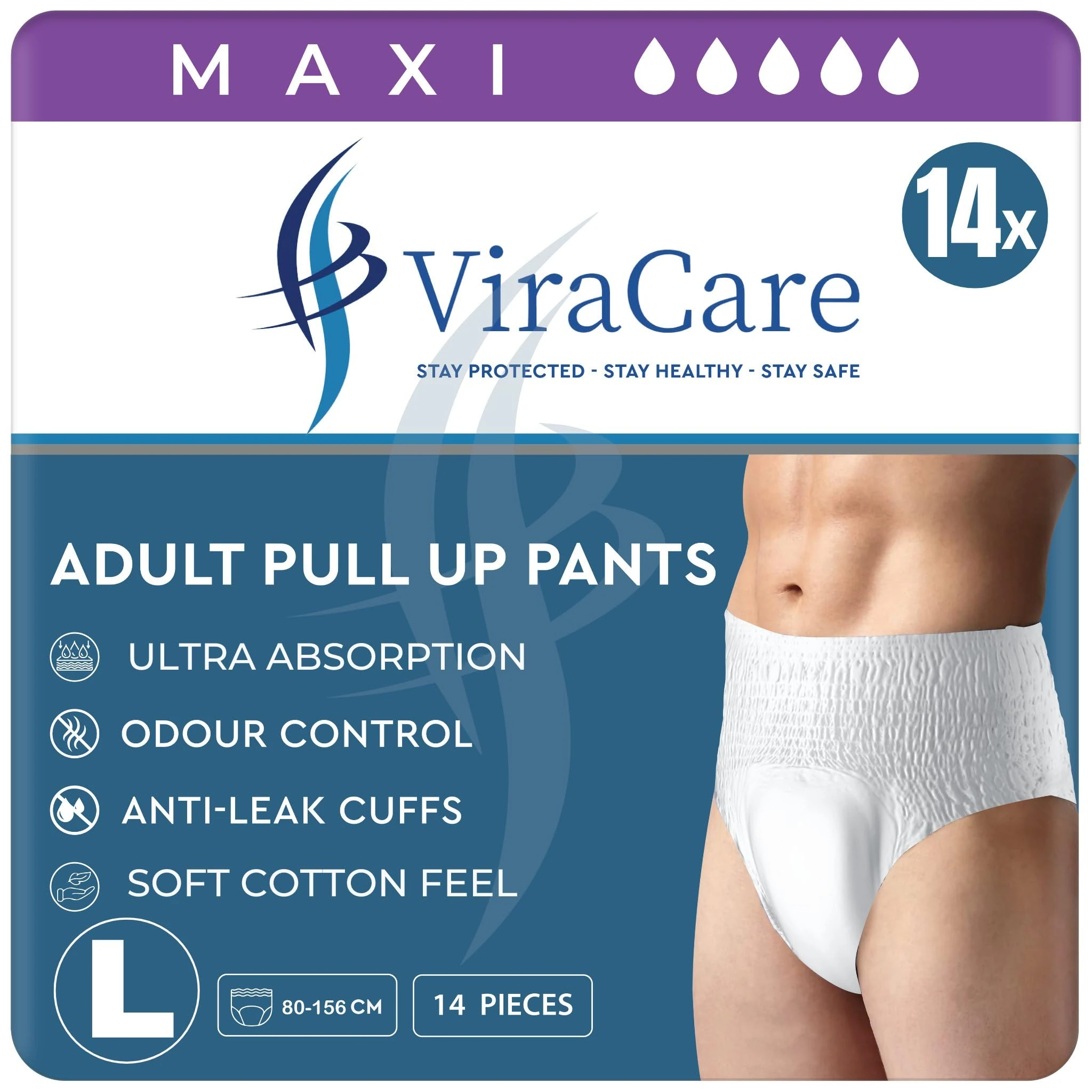 42 x Incontinence Maxi Pants Women and Men | Adult Pull Ups | Adult Nappies | Maxi Absorbency and Odour Free | Adults Pants | Waist Size Large 80-156 cm | (Large, 3 Packs of 14)