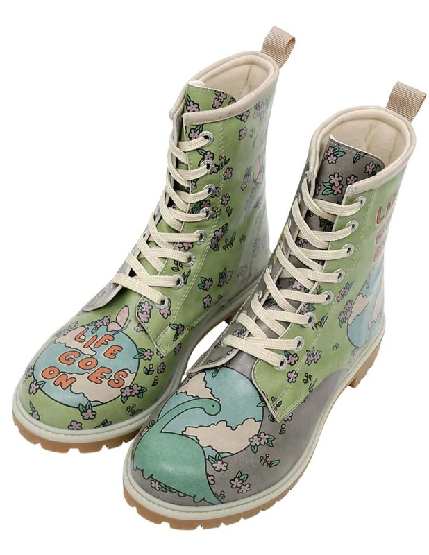 DOGO Women's Vegan Leather Green Long Boots - Life Goes On Pattern, Multicolored, 4 UK