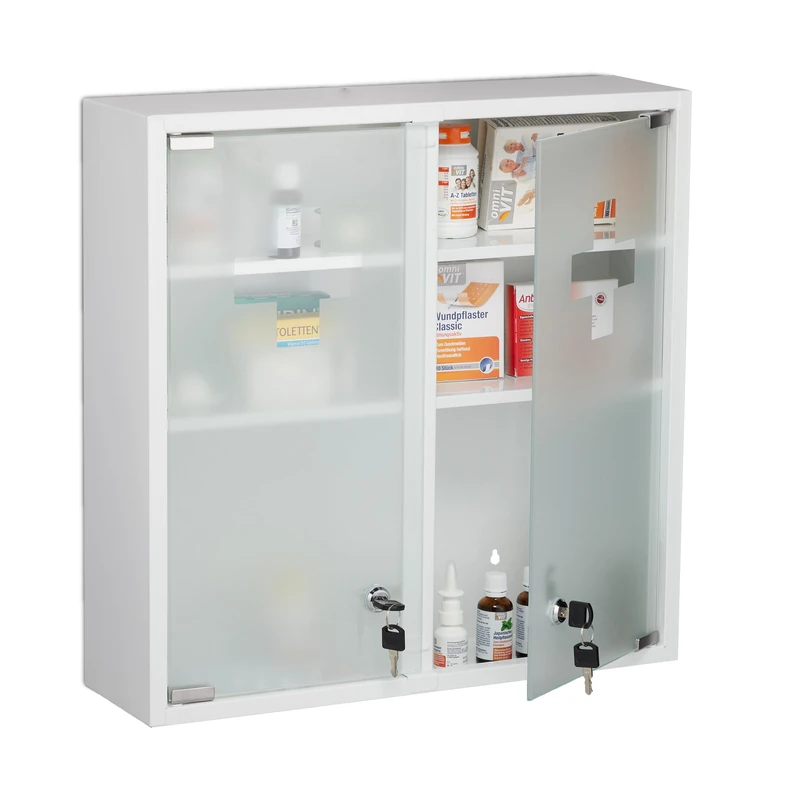 Relaxdays Medicine Cabinet, 2 Glass Doors, Lockable, 3 Compartments, 43 x 52.5 x 15.5 cm, First Aid, Wall Mounted, White