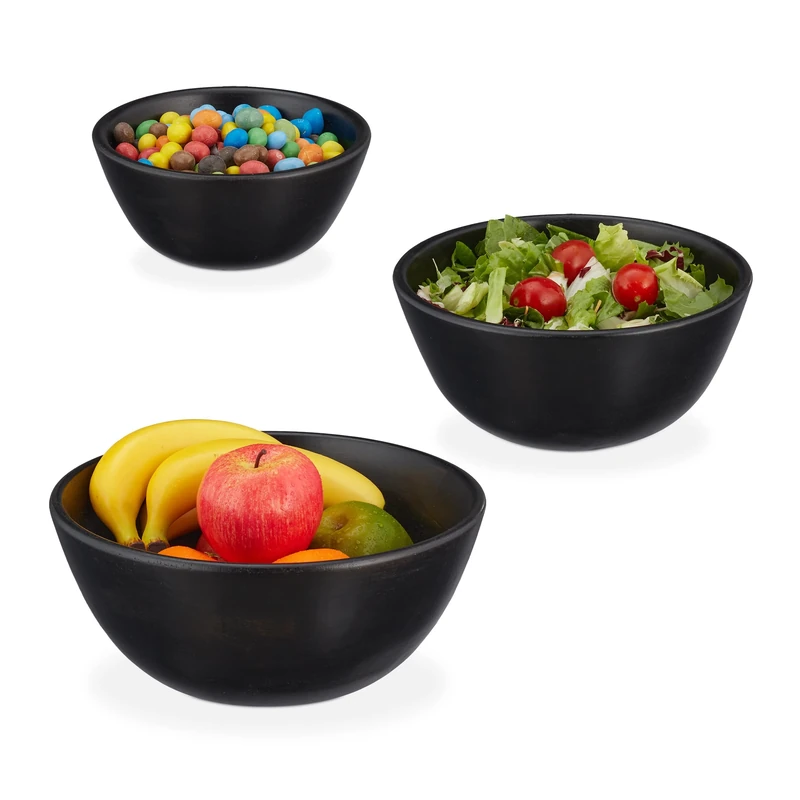 Relaxdays, set of 3, Mango Wood, Ø 18, 23 and 28 cm, Serving Bowls for Salad, Snacks, Fruit, Black, 12 x 28 x 28 cm