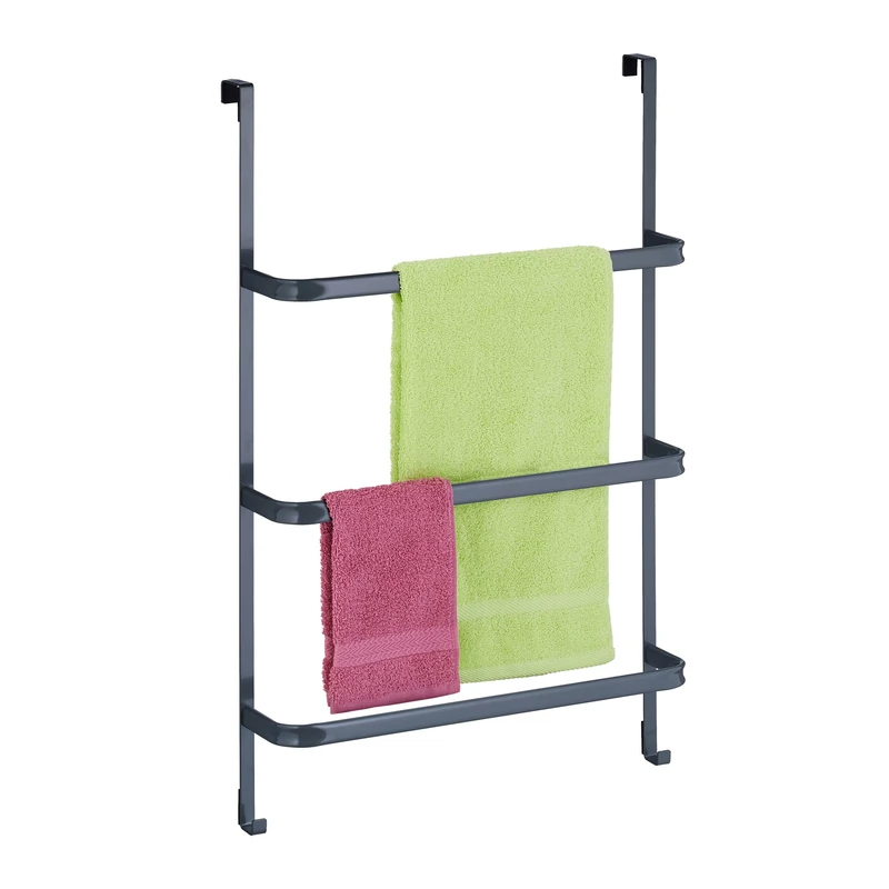 Relaxdays Door Towel Rail, without Drilling, 3 Bars & 2 Hooks, 85 x 54.5 x 15 cm, Over-the-Door Rack, Steel, Anthracite
