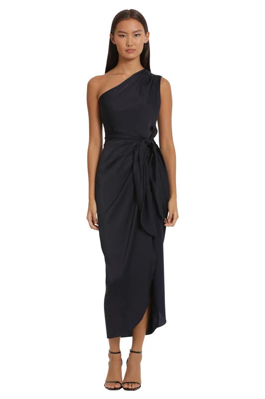 Donna Morgan Women's Dresses One Shoulder Faux Wrap Light Charmeuse Maxi with Tie Waist Occasion Event Party Guest of Formal Night, Twilight Navy, 14