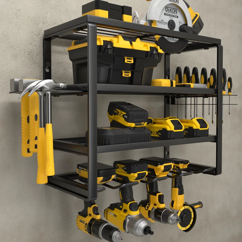 YYR 4 Tier Wall Mounted Power Tool Rack Cordless Storage Battery Tool Storage with Charging Station Garage Workshop Organization Pegboard 16 Inch 4 Slots
