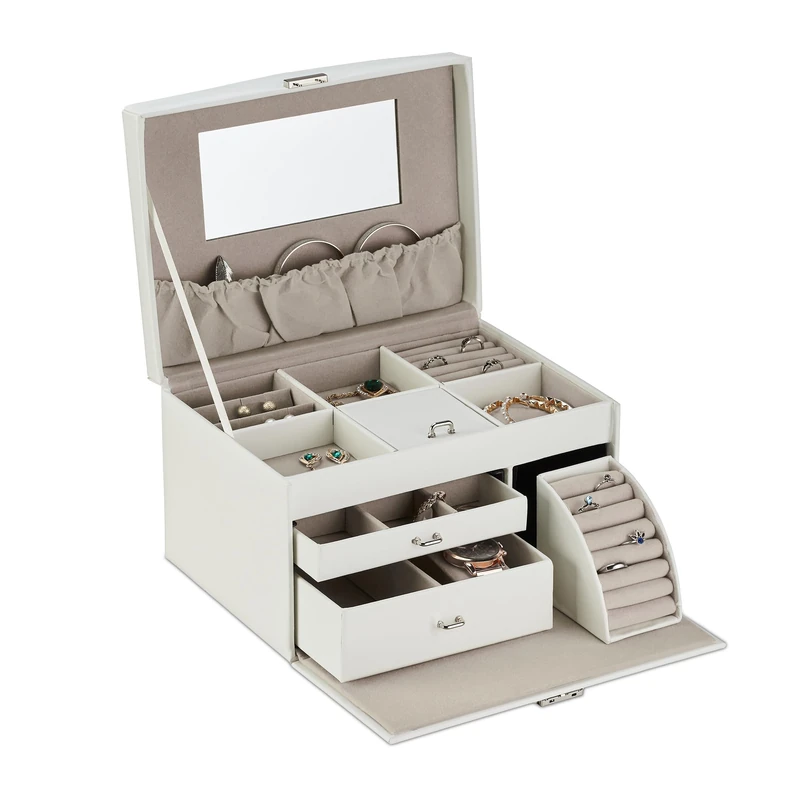 Relaxdays Box with Mirror, Jewellery Storage, Ring Drawer, HxWxD: 18 x 26.5 x 19 cm, Removable Tray, White
