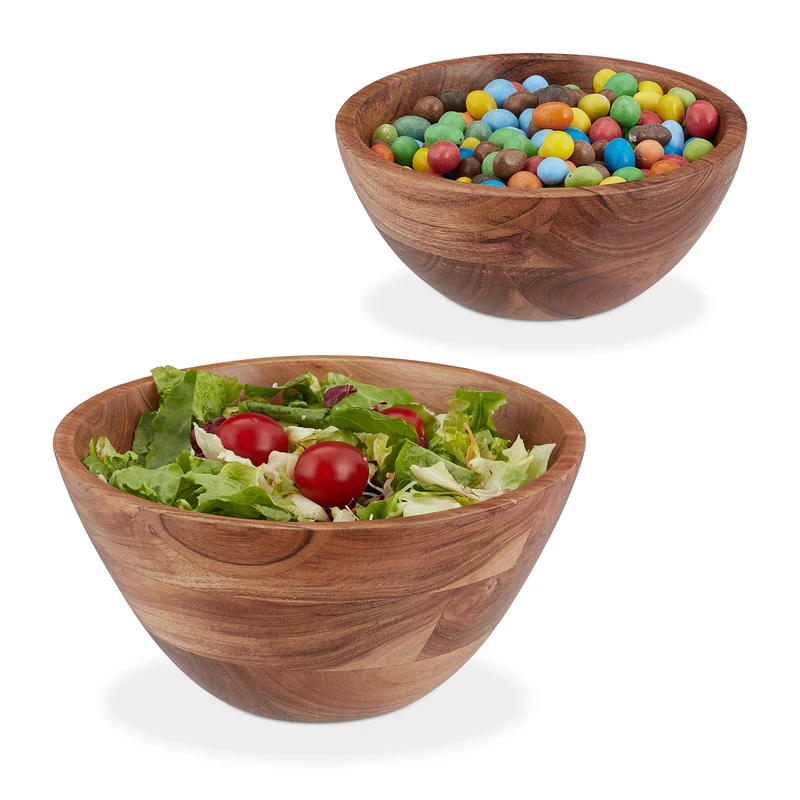 Relaxdays Salad, Set of 2, Acacia Wood, Ø 19 & 25 cm, Round Serving Bowls, Snacks, Fruit, Kitchen, Decor, Brown, 12 x 25 x 25 cm