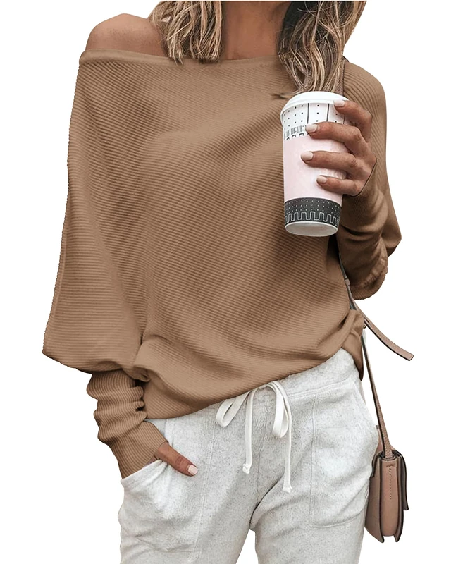 Zenlonr Women's Fall Sweaters 2023 Casual Long Batwing Sleeve Loose Off Shoulder Knit Pullovers Jumper Tops, Solid Khaki, M
