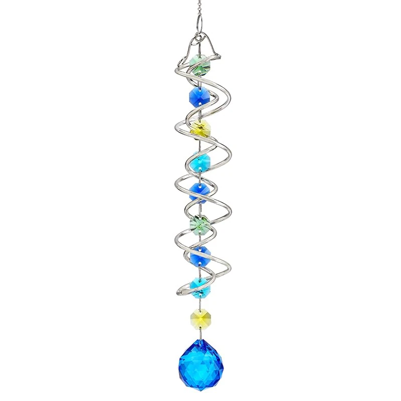 Crystal Rainbow Suncatcher,Hanging Suncatcher with Double-Spiral W/Sea Blue Crystal Ball and Chain,Glass Crystals for Indoor Outdoor Decoration,Decorative Wind Spinner Sun Catcher 17.7 inch