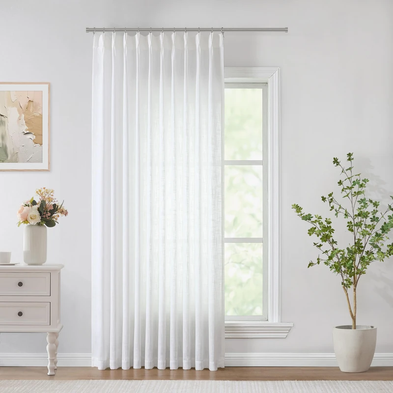 Vision Home White Pinch Pleated Semi Sheer Curtains Textured Light Filtering Window Curtains 95 inch for Living Room Bedroom Patio Rayon Blended Pinch Pleat Drapes with Hooks 1 Panel 60" Wx95 L