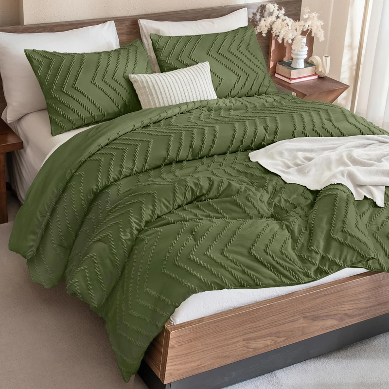 Andency Dark Olive Green Comforter Set Queen Size, 3 Pieces Boho Bed Set