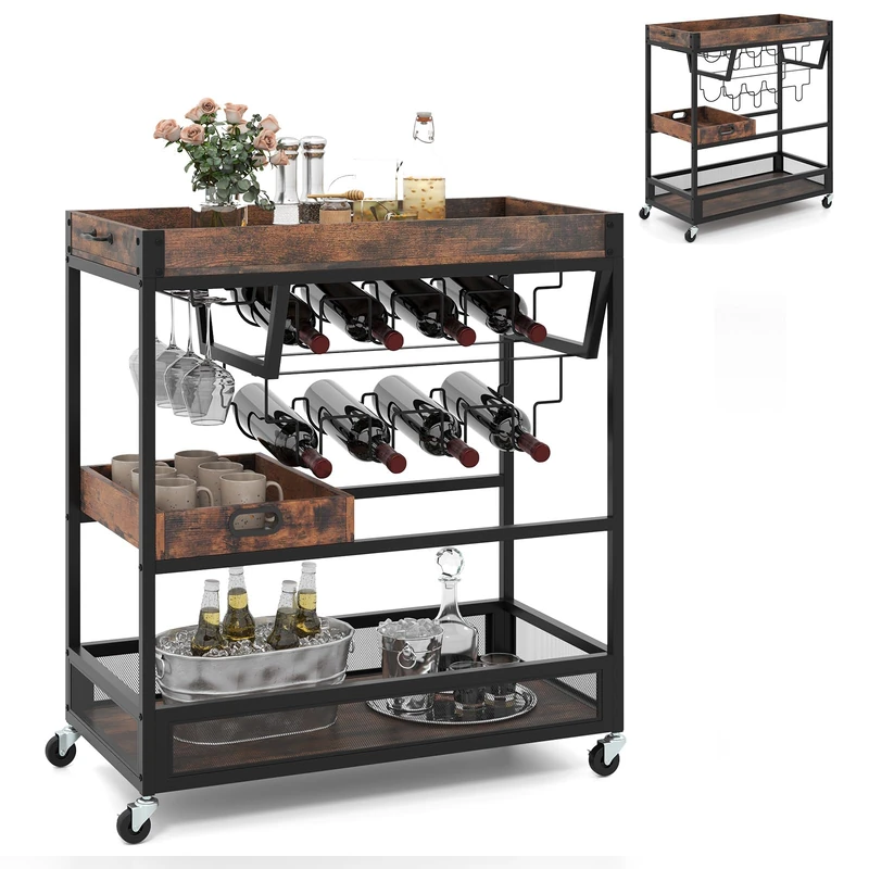 GiantexUK 3-Tier Kitchen Serving Cart, Home Bar Cart Trolley with Wine Rack, Glass Holder, Removable Tray & Handles, Rolling Drinks Trolley on Lockable Wheels (with Removable Middle Tray, 86x40x90cm)