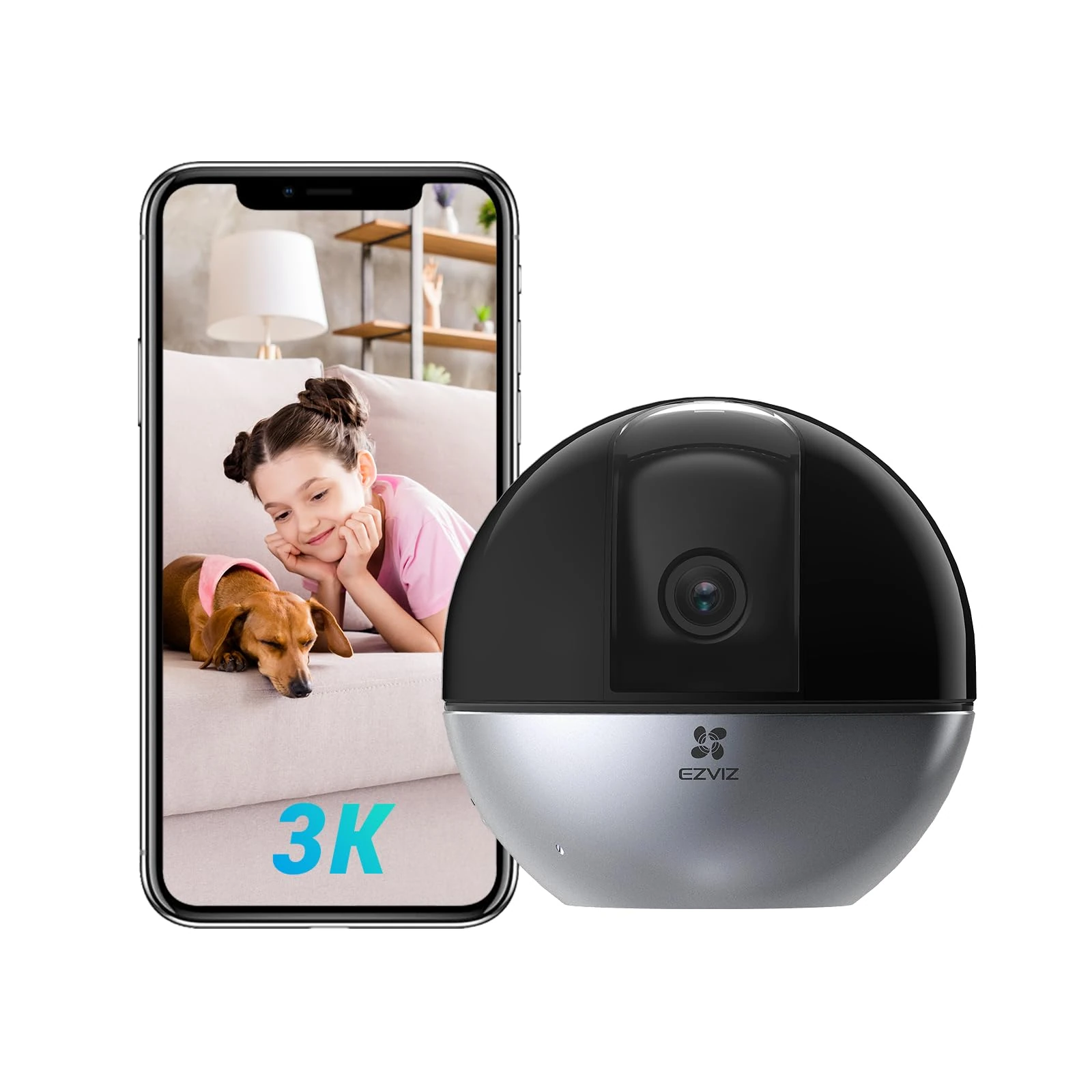 EZVIZ 3K Dual Band Indoor Wired Wifi Camera Dual Band, 512GB with No Subscription, Pet/Human Detection, Barks Meows Detection, 360 Pan Tilt, Auto Zoom Tracking, Two Way Audio, Cloud, Google Alexa