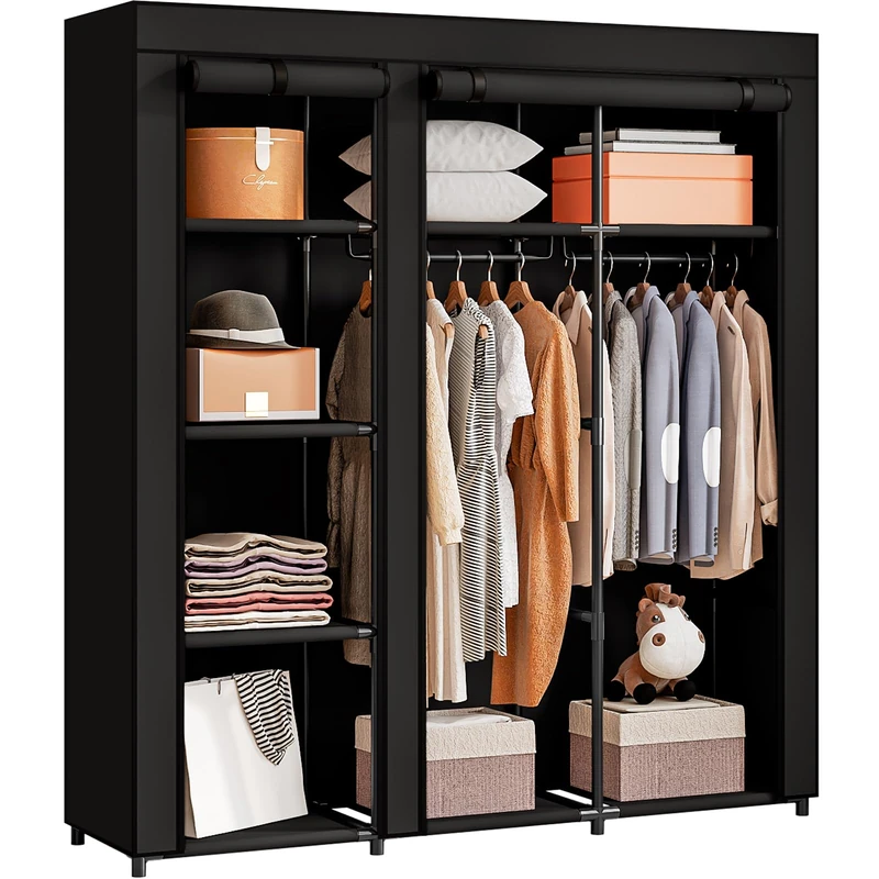 SORCEDAS Portable Wardrobe Closet Storage Organizer Metal Hanging Rack Non-Woven Fabric 34 Inch Coffee, Black, 51 Inch