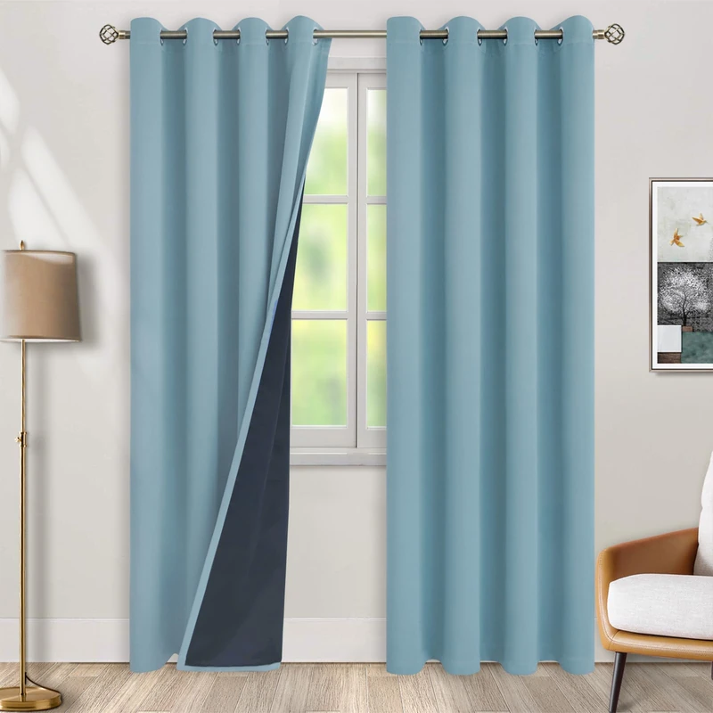 BGment Thermal Insulated 100% Blackout Curtains for Bedroom with Black Liner, Double Layer Full Room Darkening Noise Reducing Grommet Curtain (52 x 90 Inch, Greyish Blue, 2 Panels)