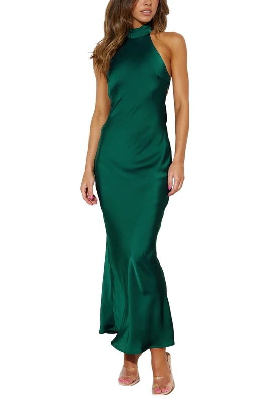 Phicia Sexy Satin Halter Neck Backless Maxi Dress for Women Elegant Tie Cowl Back Formal Wedding Guest Dress for Summer, ForestGreen, S